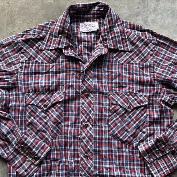 Vintage 70s Wrangler Western Plaid Ruby Snap Button Shirt Size 15 1/2-34 - Picture 3 of 7